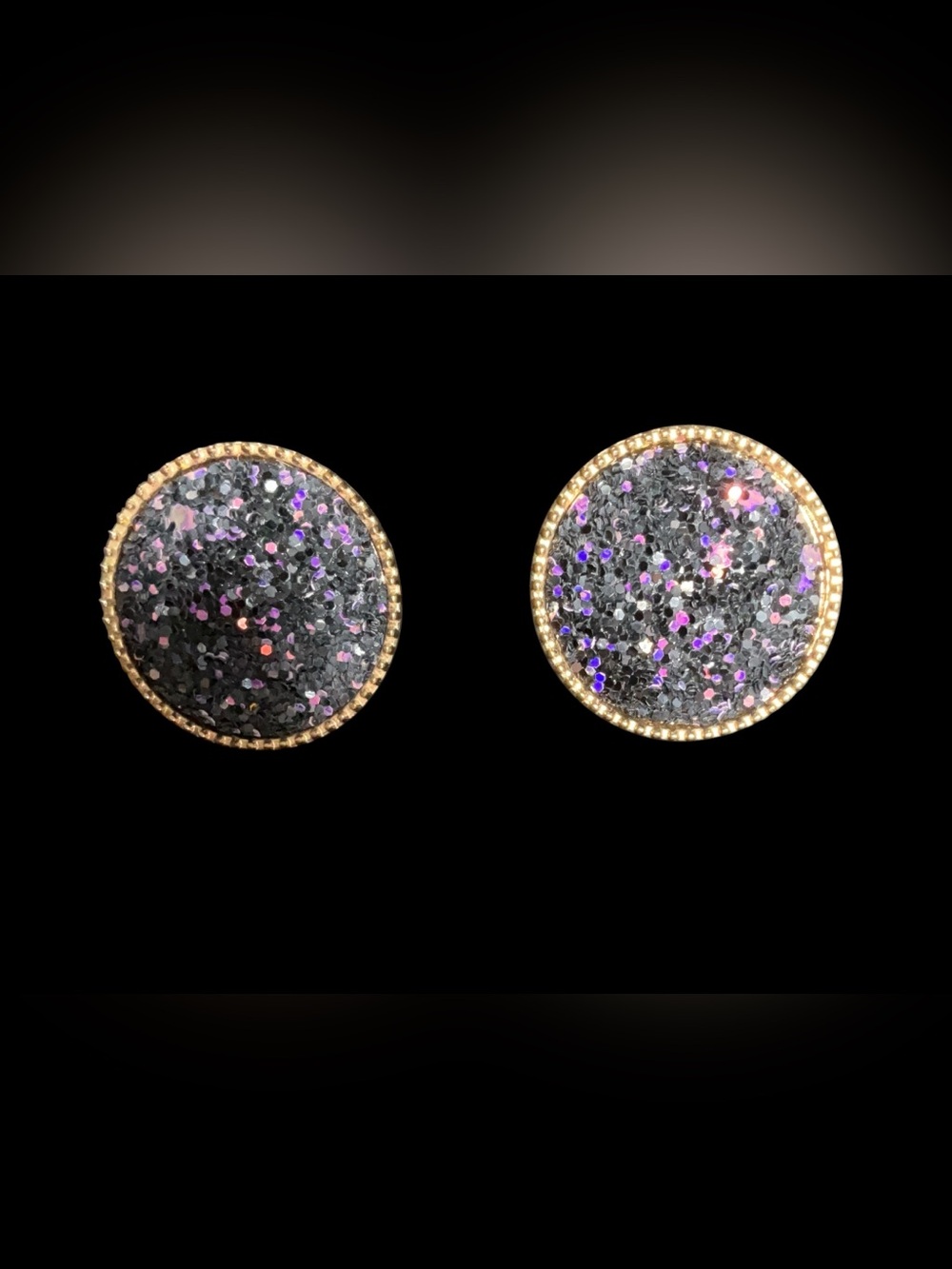 Gold-Edged Black Holographic Round Stud Earrings
